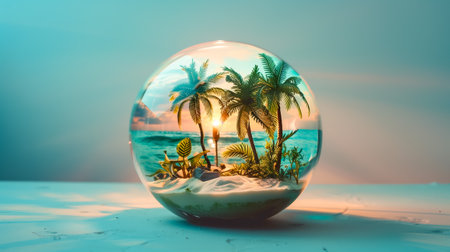 Miniature tropical island with palm trees and sandy beach encased in a clear glass globe, illuminated by sunlightの素材