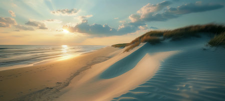 Peaceful beach scene at sunset, featuring rolling sand dunes, soft waves, and warm golden lightの素材
