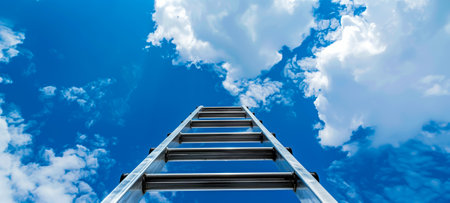 Upward view of a ladder extending towards the sky, surrounded by fluffy clouds and bright blue skyの素材