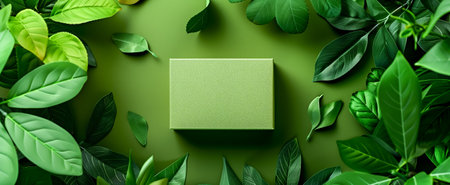 Green gift box placed on a textured green background, surrounded by vibrant, lush leavesの素材