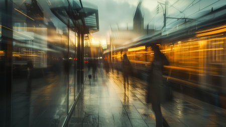 Blurry street scene at dusk with glowing lights and abstract reflections on glassの素材
