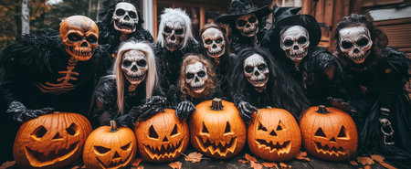 A group of people in skull masks with jack-o-lanterns, dressed for a Halloween celebrationの素材