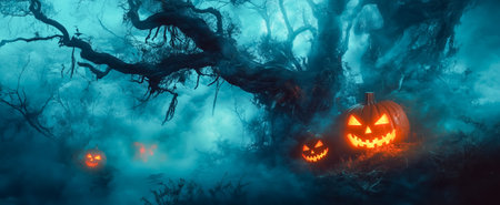 Spooky jack-o'-lanterns with glowing faces in a misty, dark forest with twisted branchesの素材