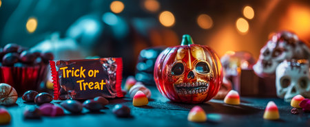 Halloween-themed setup with candy, pumpkin skull, and glowing bokeh lights in the backgroundの素材