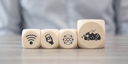 Wooden blocks with symbol of video game addiction concept