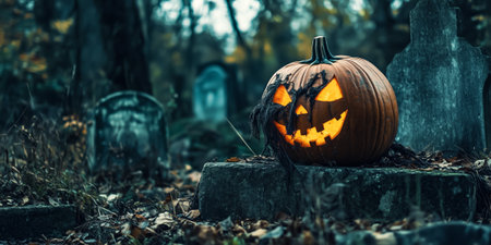 A glowing jack-o'-lantern with creepy vines sits on a tombstone in an overgrown, eerie graveyardの素材