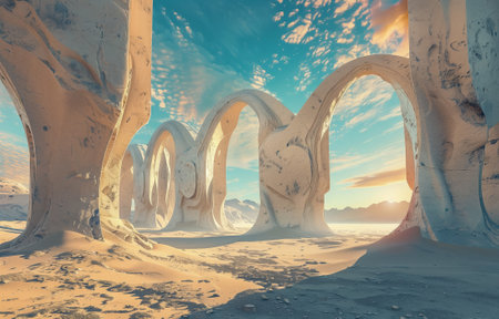 Dreamlike desert scene featuring monumental stone arches illuminated by a bright, colorful skyの素材