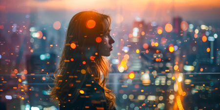 Silhouette of a woman gazing at cityscape with vibrant bokeh lights during twilightの素材