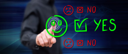 Man touching an evaluation concept on a touch screen with his fingerの写真素材