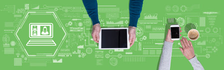Top view of hands using digital tablet and mobile phone with symbol of online meeting concept