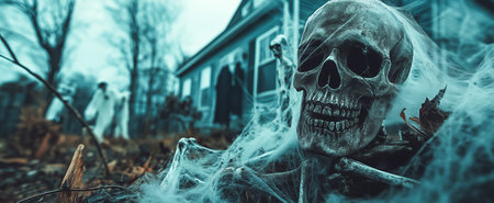 A weathered skeleton surrounded by cobwebs in a spooky yard, with ghosts in the backgroundの素材