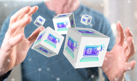 Internet marketing concept between hands of a man in backgroundの写真素材