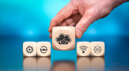 Wooden blocks with symbol of cloud gaming concept on blue backgroundの写真素材