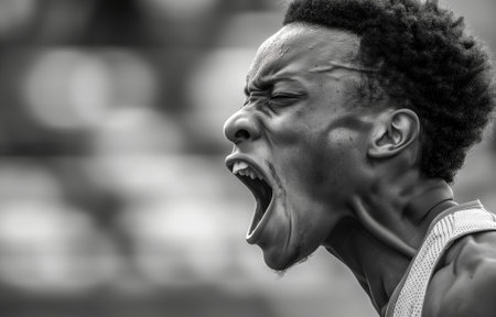 Powerful black and white image capturing an athlete passionately shouting, showing intense emotion and energyの素材