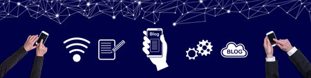 Top view of hands using mobile phone with symbol of blog concept