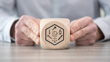 Wooden block with symbol of assessment conceptの写真素材