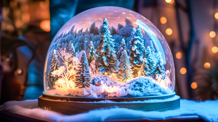 Snow globe featuring a glowing winter forest scene, beautifully lit with warm ambient lightsの素材
