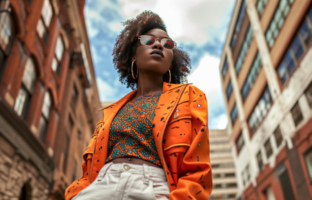 African-american woman in sunglasses, vibrant orange jacket, posing confidently in city environmentの素材