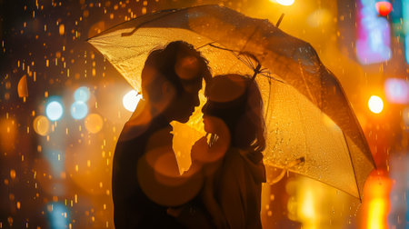 Silhouette of a couple sharing an intimate moment under an umbrella in the rain, with warm city lightsの素材