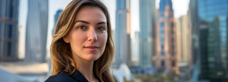 A confident young businesswoman standing outdoors in a city with modern skyscrapers in the background, showcasing professionalismの素材