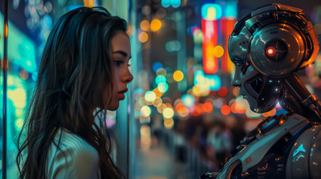 Young woman and advanced robot standing close, staring at each other in a vibrant, neon-lit cityの素材