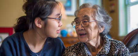 Elderly woman and young girl with glasses having a close and emotional conversation togetherの素材