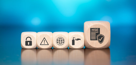 Wooden blocks with symbol of hse concept on blue backgroundの写真素材