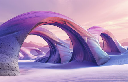 Surreal desert scene featuring large purple arches against a soft pink and orange sunset backdropの素材