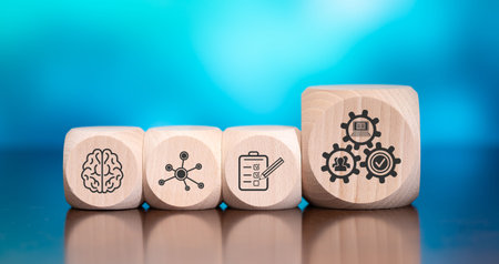 Wooden blocks with symbol of lms concept on blue backgroundの写真素材