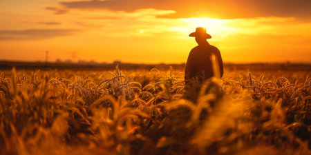 Silhouette of a farmer in a golden wheat field during a picturesque sunsetの素材
