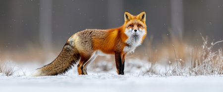 Elegant red fox with lush fur poised in a serene winter landscape, amidst lightly falling snowの素材