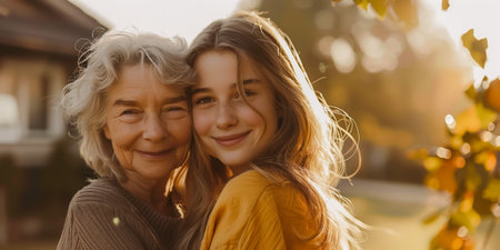 Joyful grandmother and granddaughter hugging outdoors, basking in warm sunlight and shared loveの素材