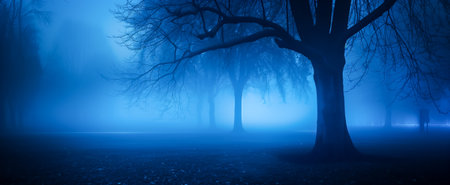 Mysterious scene featuring silhouetted trees amidst dense fog creating an atmospheric blue ambianceの素材
