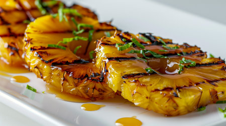 Mouthwatering grilled pineapple slices drizzled with honey and garnished with fresh mint leavesの素材