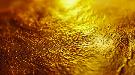 Close-up of a textured golden surface capturing light and shimmering with a rich glowの素材