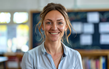 Portrait of a smiling woman in a light blue shirt, set in an office or classroom environmentの素材