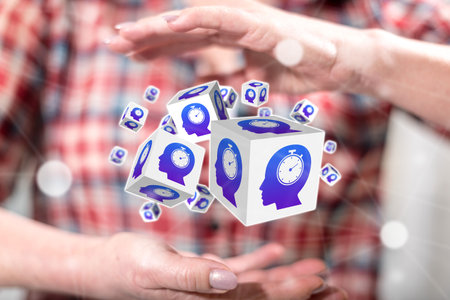 Time management concept between hands of a woman in backgroundの写真素材