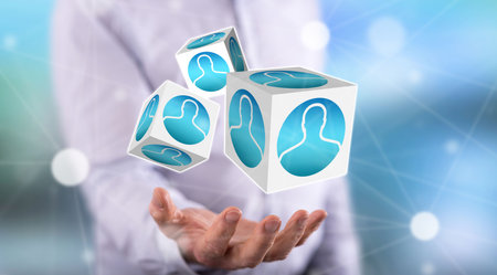 Profile concept above the hand of a man in backgroundの写真素材