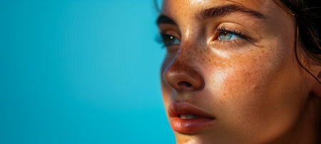 Portrait of a young woman with freckled, sun-kissed skin, gazing thoughtfully into the distanceの素材