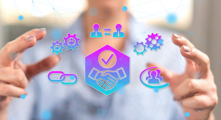 Trust concept between hands of a woman in backgroundの写真素材