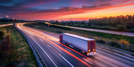 A long-haul truck travels along a highway, leaving light trails beneath a colorful sunset skyの素材