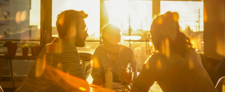Group of colleagues collaborating in a sunny office environment during the golden hourの素材