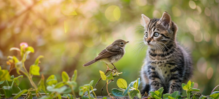 Cute tabby kitten observing a small bird perched on a branch in a vibrant green gardenの素材