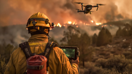 Firefighter overseeing forest fire with drone technology for effective wildfire management and safetyの素材