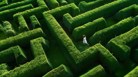 Aerial view of a woman navigating a lush green hedge maze, symbolizing exploration and mysteryの素材