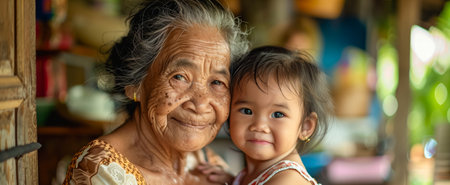 An affectionate elderly woman and young child share a serene moment indoorsの素材