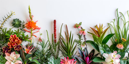 Beautiful arrangement of colorful tropical flowers and green succulents displayed on a white backgroundの素材