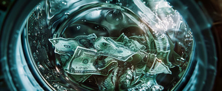 Creative depiction of us dollar bills submerged and swirling inside a washing machineの素材