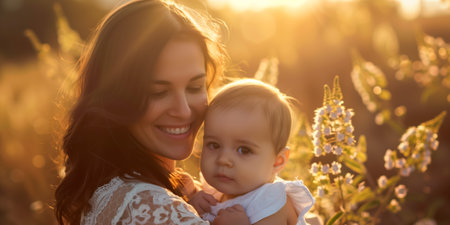 Portrait of a happy young mother holding her baby, surrounded by warm sunlight and blurred flowers in the backgroundの素材