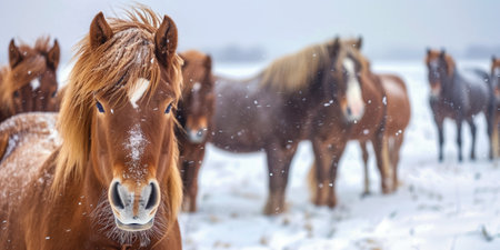 Beautiful group of horses gathered in a snowy field, with a close-up of one horse covered in snowflakesの素材